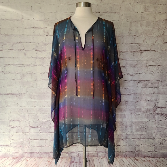 Twelfth Street by Cynthia Vincent Navy Multi Ombre Silk Sheer Coverup Tunic Med - Picture 7 of 10